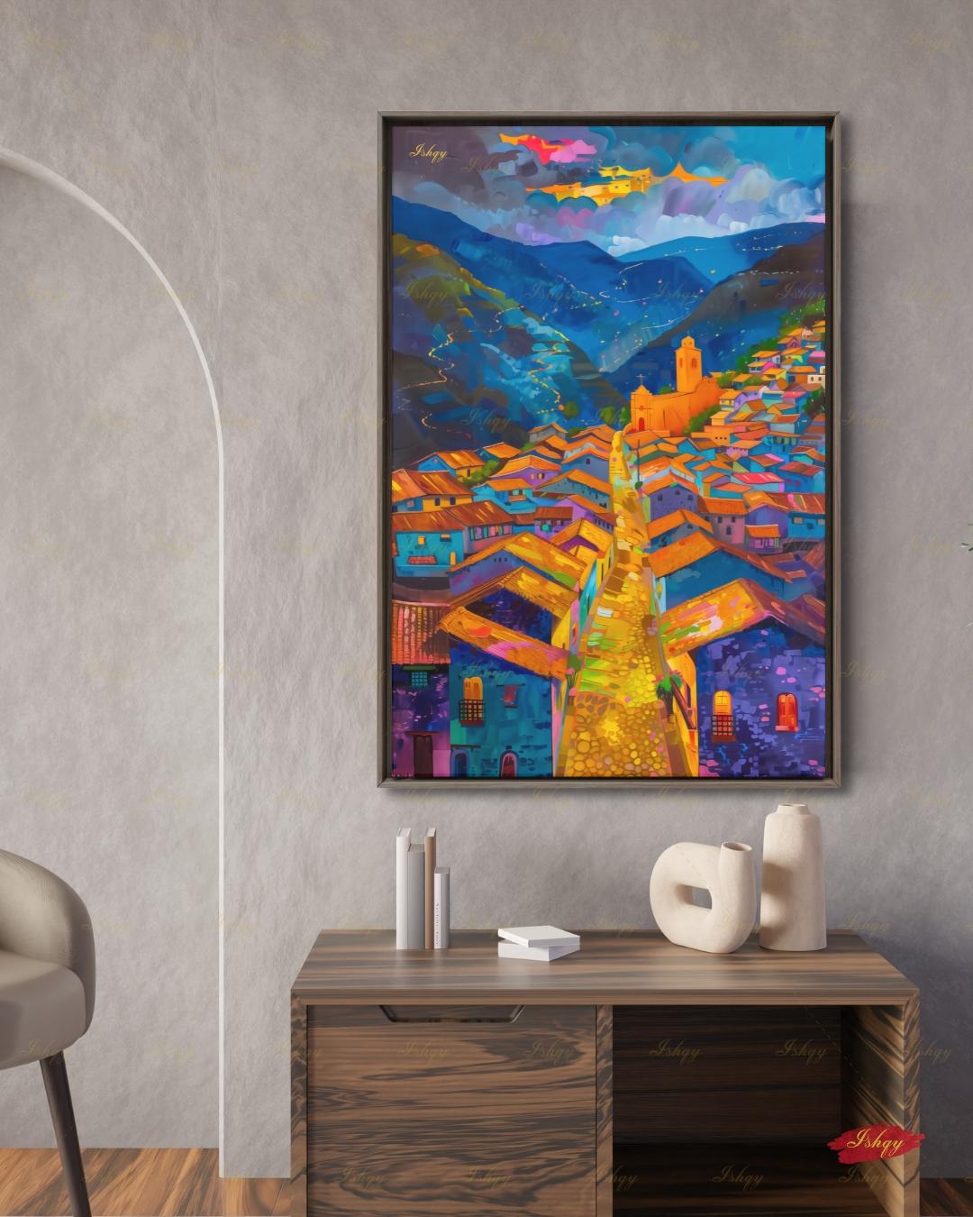 Cusco Peru Canvas Wall Art, Colorful Andes Cityscape Framed Canvas Print, Vibrant Peruvian Village Oil Painting, Living Room Wall Decor