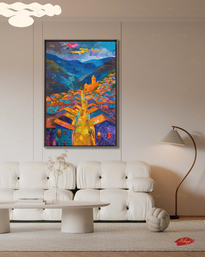 Cusco Peru Canvas Wall Art, Colorful Andes Cityscape Framed Canvas Print, Vibrant Peruvian Village Oil Painting, Living Room Wall Decor