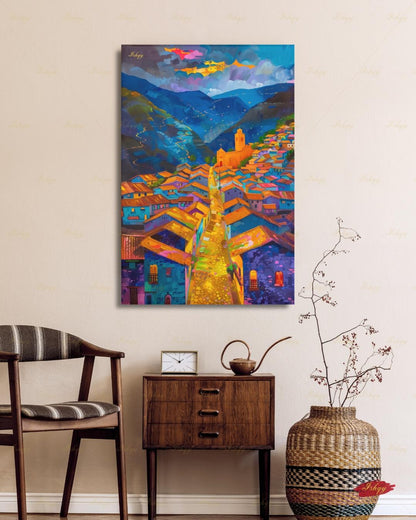 Cusco Peru Canvas Wall Art, Colorful Andes Cityscape Framed Canvas Print, Vibrant Peruvian Village Oil Painting, Living Room Wall Decor