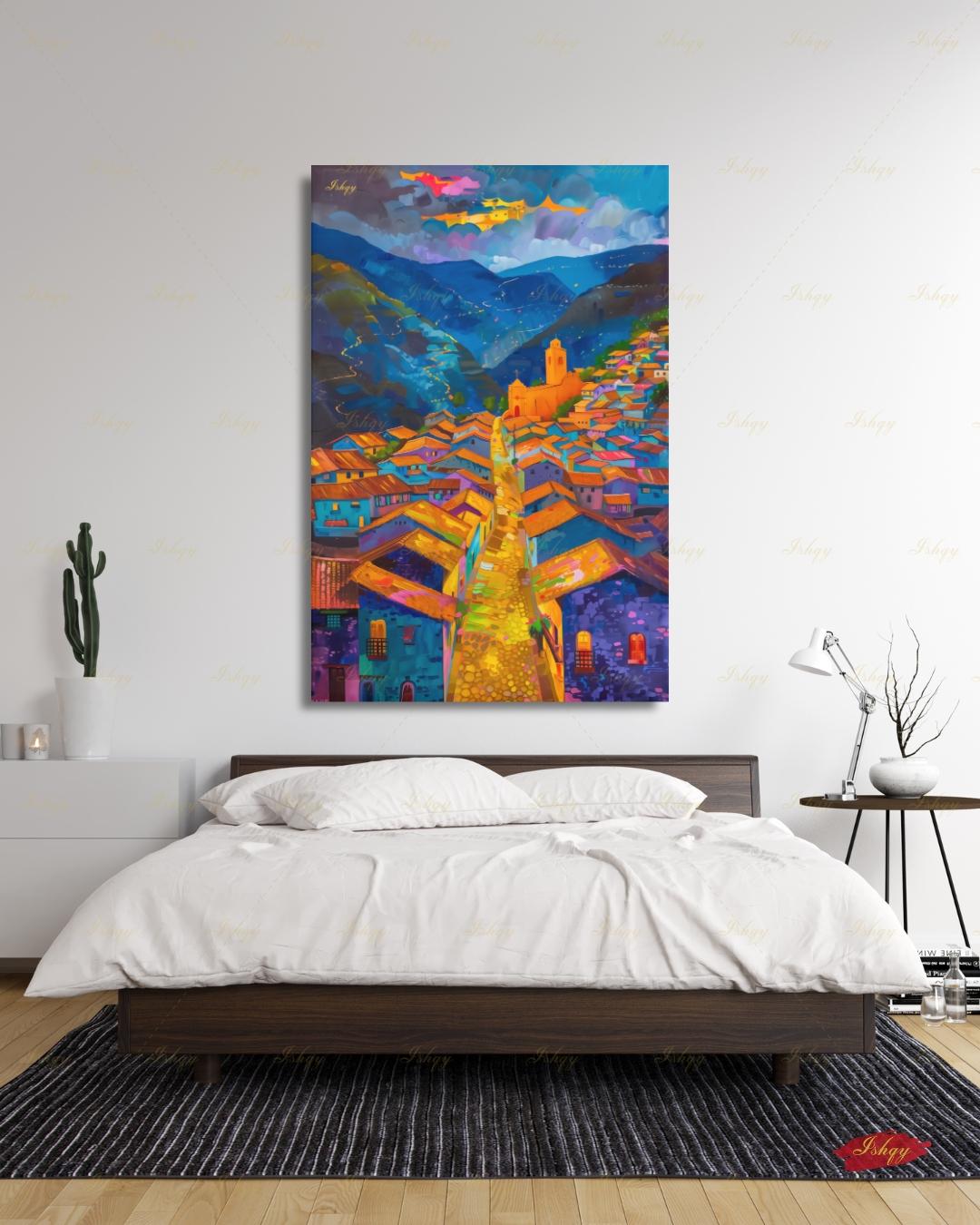Cusco Peru Canvas Wall Art, Colorful Andes Cityscape Framed Canvas Print, Vibrant Peruvian Village Oil Painting, Living Room Wall Decor