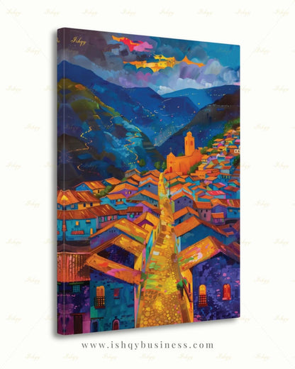 Cusco Peru Canvas Wall Art, Colorful Andes Cityscape Framed Canvas Print, Vibrant Peruvian Village Oil Painting, Living Room Wall Decor