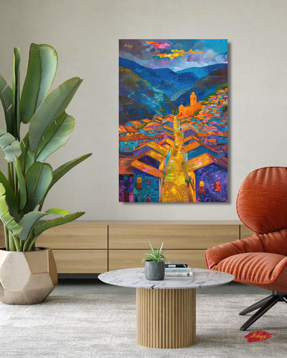 Cusco Peru Canvas Wall Art, Colorful Andes Cityscape Framed Canvas Print, Vibrant Peruvian Village Oil Painting, Living Room Wall Decor