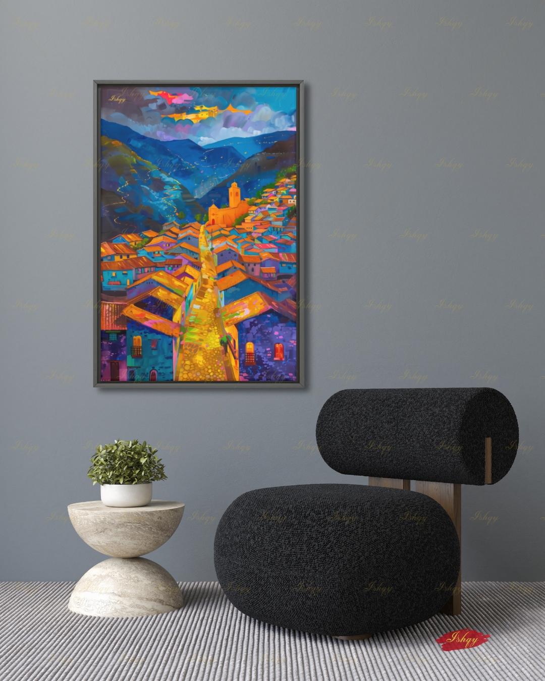 Cusco Peru Canvas Wall Art, Colorful Andes Cityscape Framed Canvas Print, Vibrant Peruvian Village Oil Painting, Living Room Wall Decor