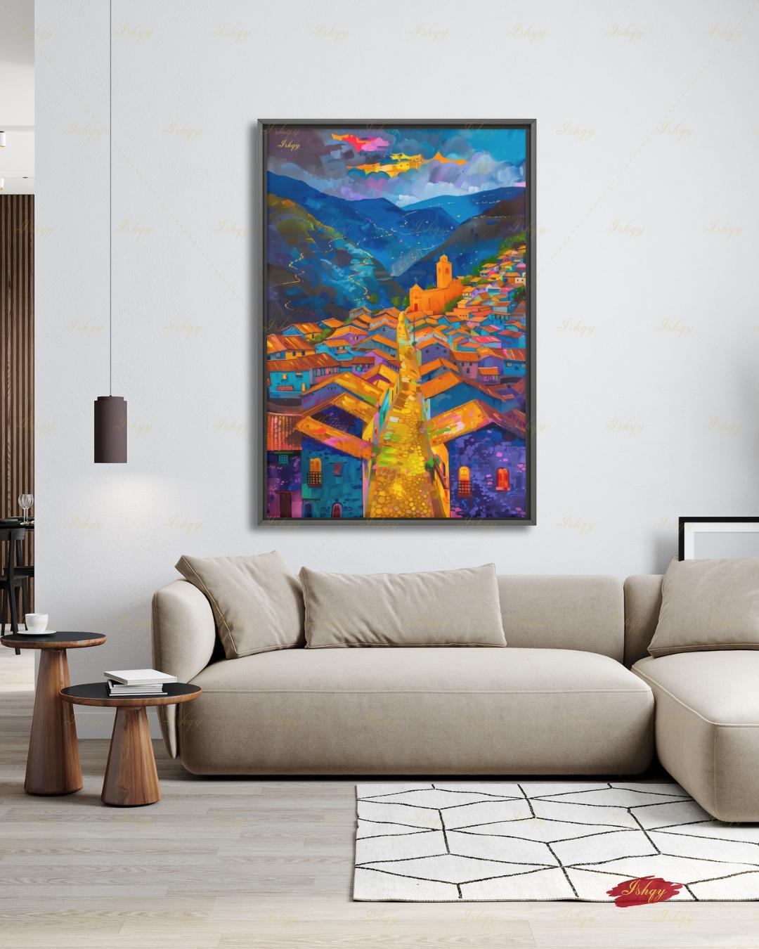 Cusco Peru Canvas Wall Art, Colorful Andes Cityscape Framed Canvas Print, Vibrant Peruvian Village Oil Painting, Living Room Wall Decor