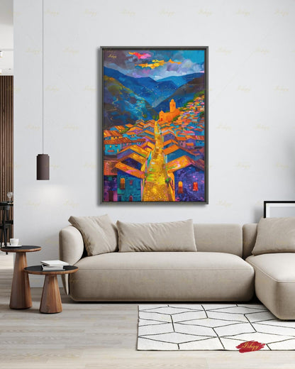 Cusco Peru Canvas Wall Art, Colorful Andes Cityscape Framed Canvas Print, Vibrant Peruvian Village Oil Painting, Living Room Wall Decor