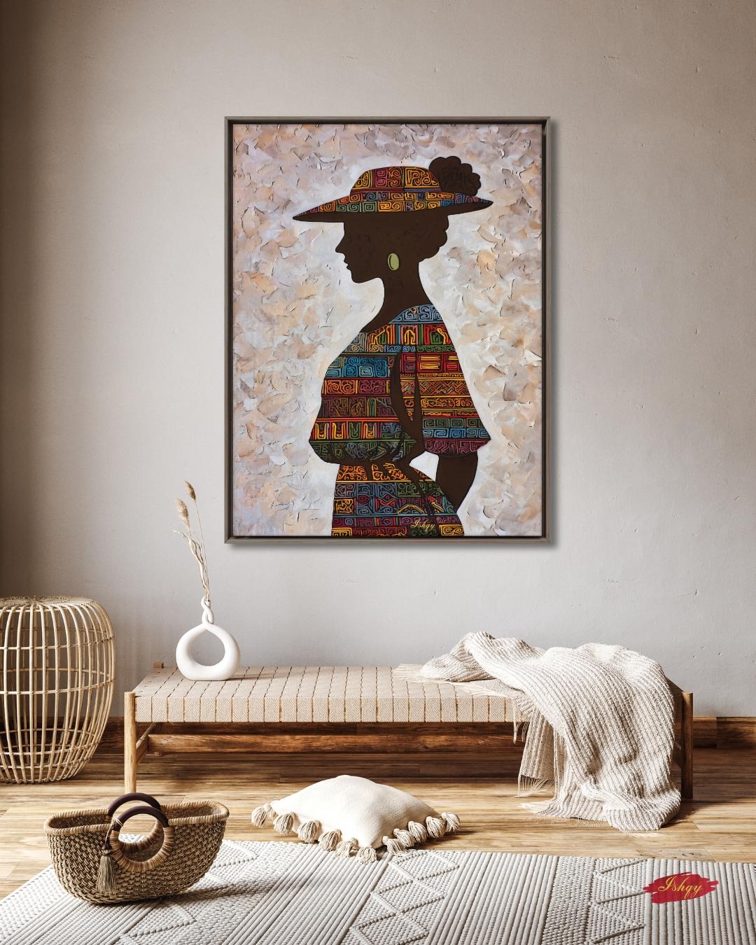 Panamanian Woman Wall Art Oil Painting Print, Cultural Portrait with Mola Patterns and Traditional Hat, Latin American Canvas Home Decor