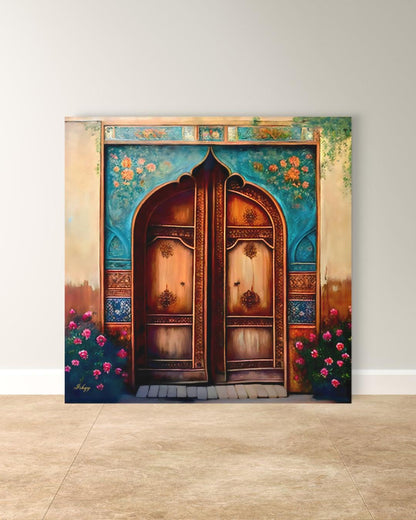 Persian Door Wall Art, Iranian Architecture Painting, Handcrafted Wooden Door Canvas, Middle Eastern Decor, Historic Home Entry Art Print
