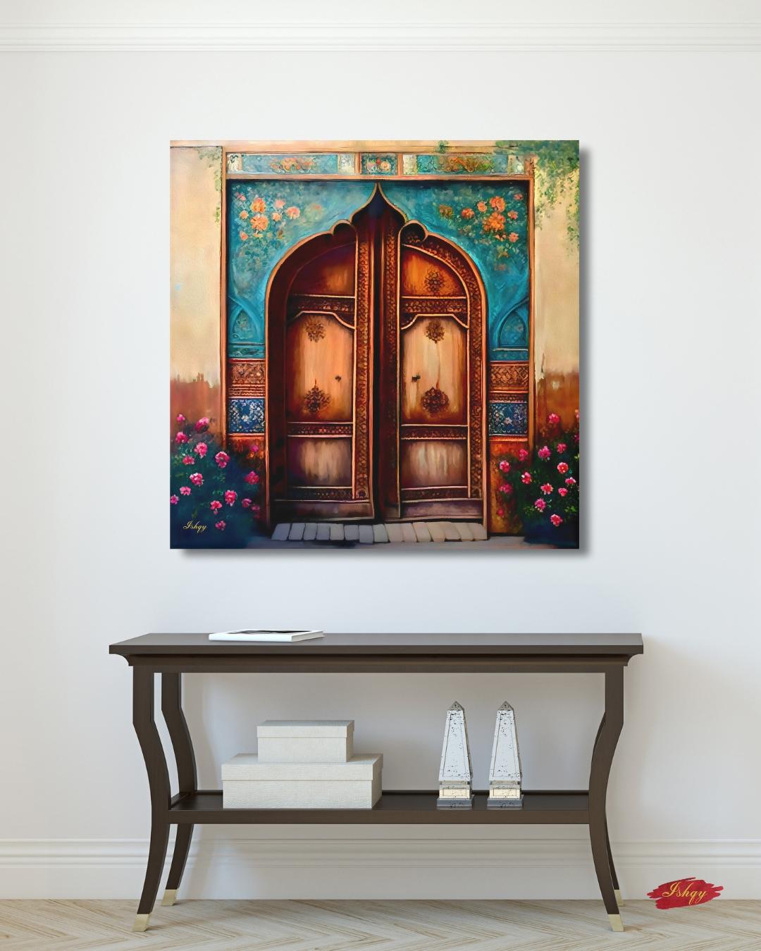 Persian Door Wall Art, Iranian Architecture Painting, Handcrafted Wooden Door Canvas, Middle Eastern Decor, Historic Home Entry Art Print