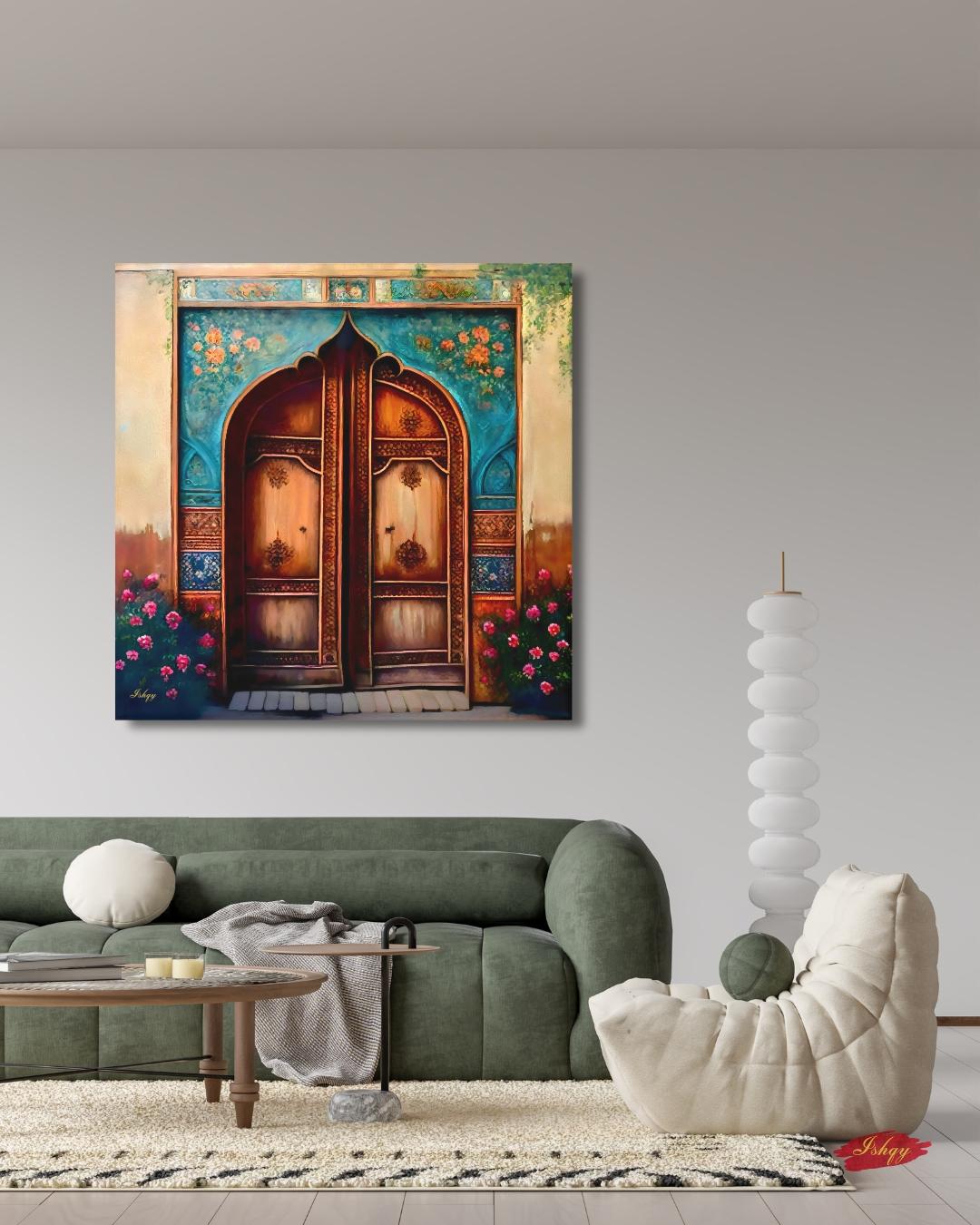 Persian Door Wall Art, Iranian Architecture Painting, Handcrafted Wooden Door Canvas, Middle Eastern Decor, Historic Home Entry Art Print