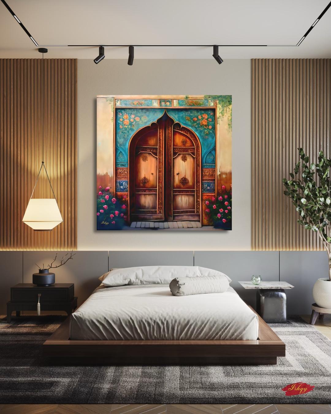 Persian Door Wall Art, Iranian Architecture Painting, Handcrafted Wooden Door Canvas, Middle Eastern Decor, Historic Home Entry Art Print