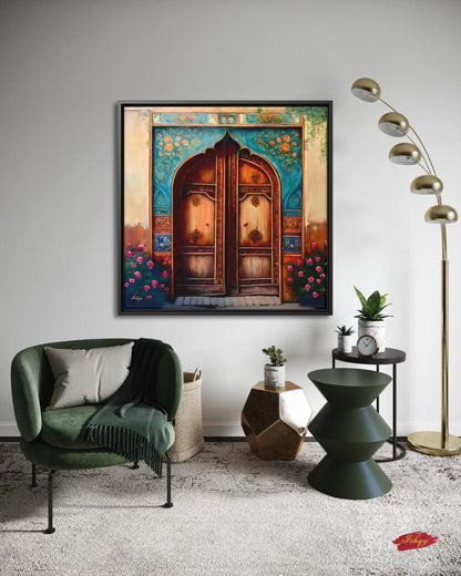 Persian Door Wall Art, Iranian Architecture Painting, Handcrafted Wooden Door Canvas, Middle Eastern Decor, Historic Home Entry Art Print