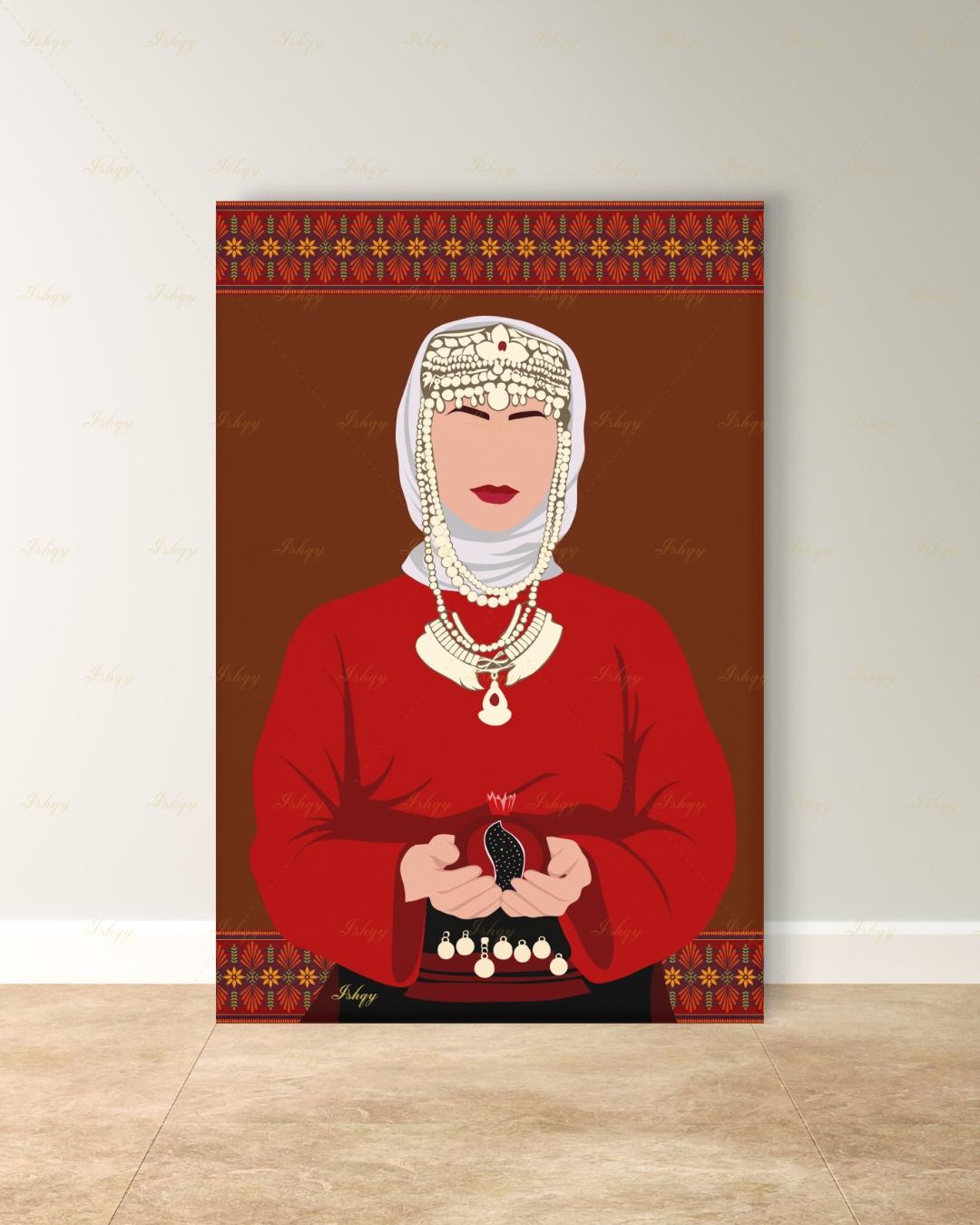 Armenian Woman Wall Art, Traditional Headdress Bridal Canvas Print, Pomegranate Cultural Decor, Pink Modern Folk Framed Canvas Gift