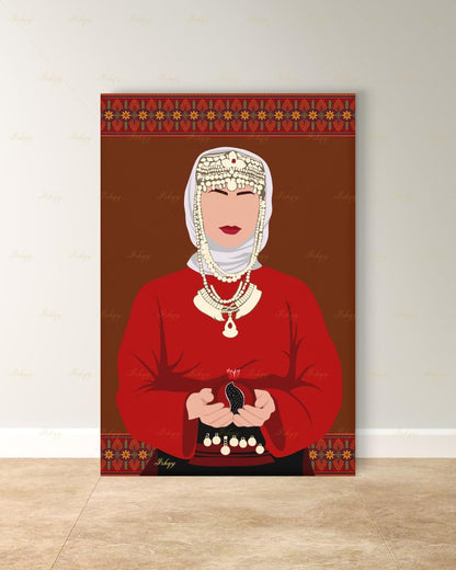 Armenian Woman Wall Art, Traditional Headdress Bridal Canvas Print, Pomegranate Cultural Decor, Pink Modern Folk Framed Canvas Gift