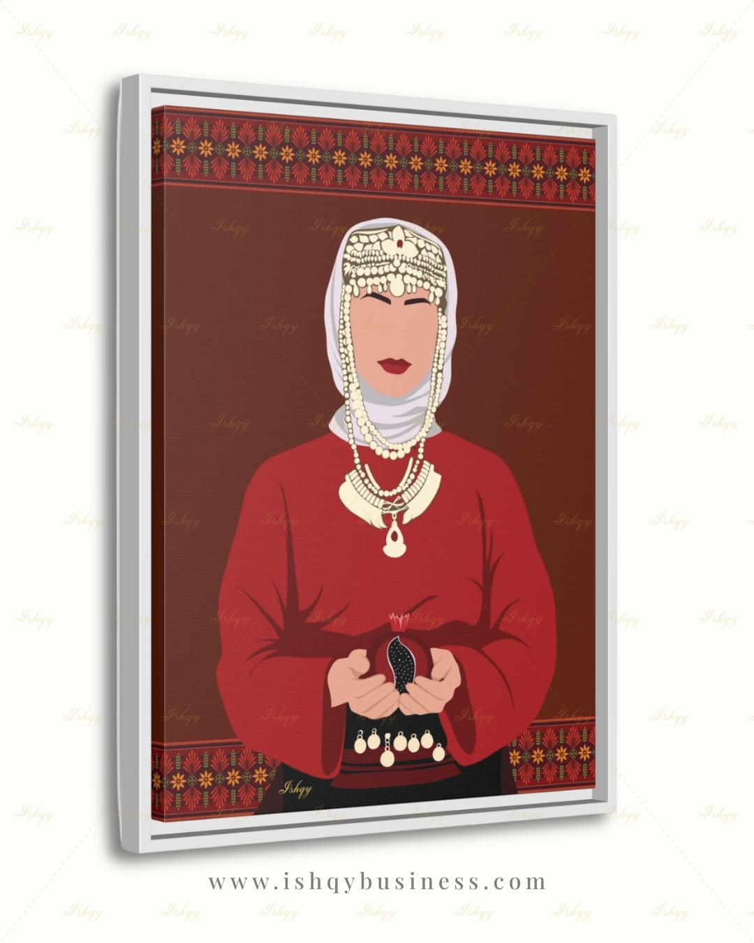 Armenian Woman Wall Art, Traditional Headdress Bridal Canvas Print, Pomegranate Cultural Decor, Pink Modern Folk Framed Canvas Gift