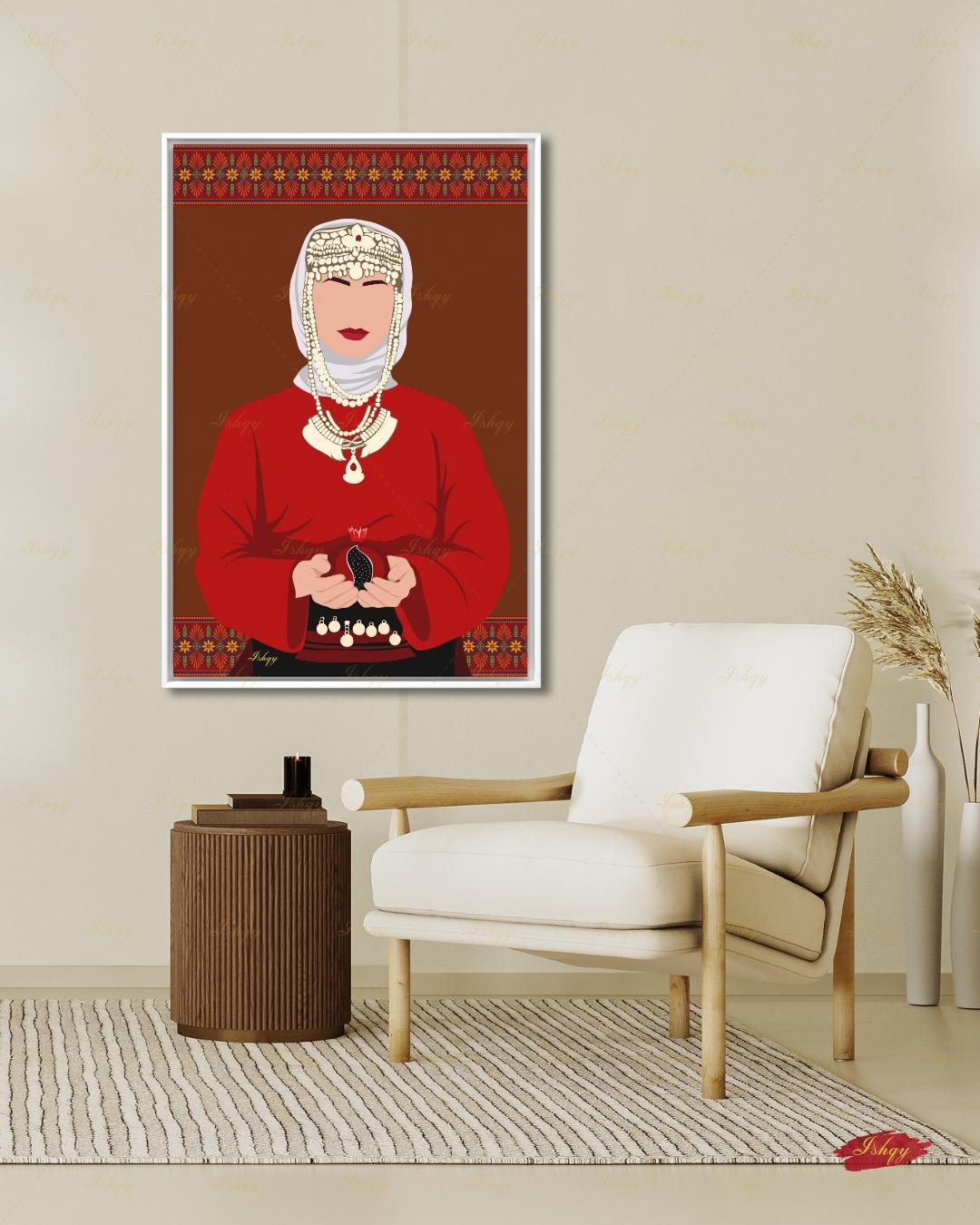 Armenian Woman Wall Art, Traditional Headdress Bridal Canvas Print, Pomegranate Cultural Decor, Pink Modern Folk Framed Canvas Gift