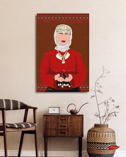 Armenian Woman Wall Art, Traditional Headdress Bridal Canvas Print, Pomegranate Cultural Decor, Pink Modern Folk Framed Canvas Gift
