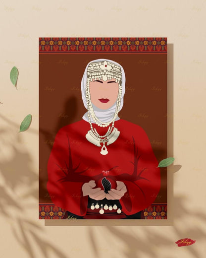 Armenian Woman Wall Art, Traditional Headdress Bridal Canvas Print, Pomegranate Cultural Decor, Pink Modern Folk Framed Canvas Gift