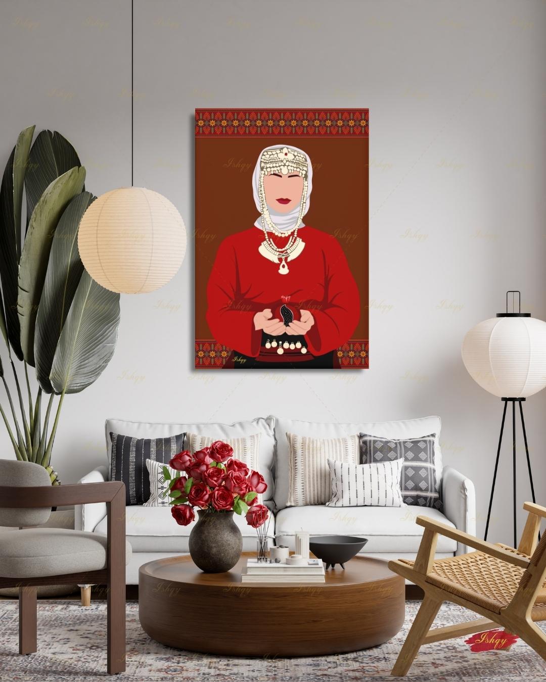 Armenian Woman Wall Art, Traditional Headdress Bridal Canvas Print, Pomegranate Cultural Decor, Pink Modern Folk Framed Canvas Gift