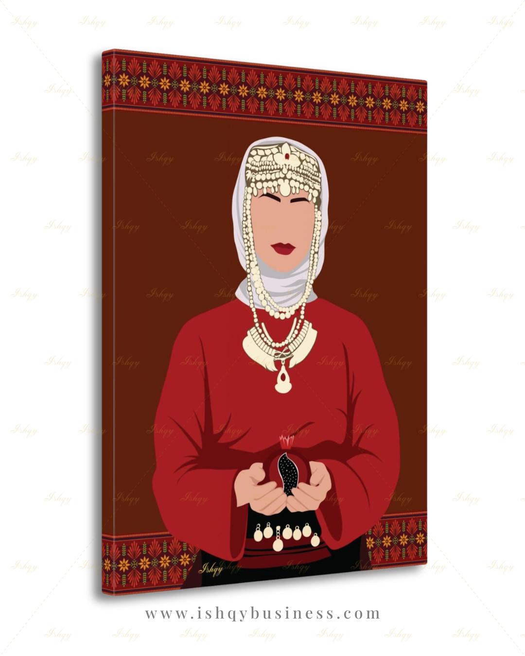 Armenian Woman Wall Art, Traditional Headdress Bridal Canvas Print, Pomegranate Cultural Decor, Pink Modern Folk Framed Canvas Gift