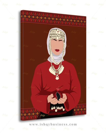 Armenian Woman Wall Art, Traditional Headdress Bridal Canvas Print, Pomegranate Cultural Decor, Pink Modern Folk Framed Canvas Gift