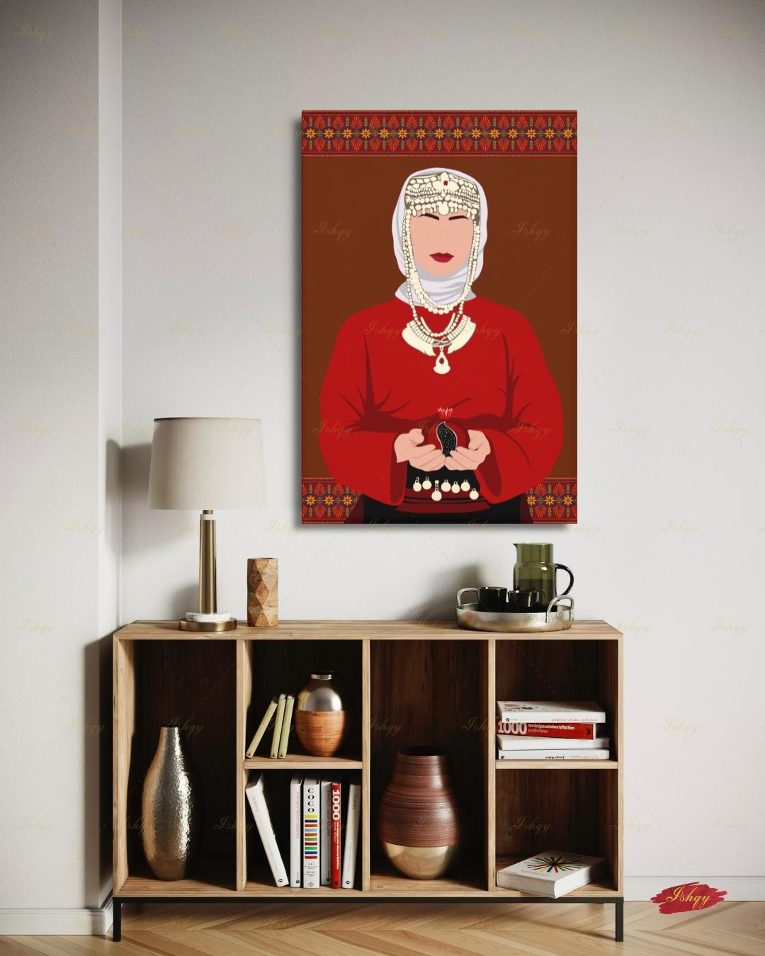 Armenian Woman Wall Art, Traditional Headdress Bridal Canvas Print, Pomegranate Cultural Decor, Pink Modern Folk Framed Canvas Gift