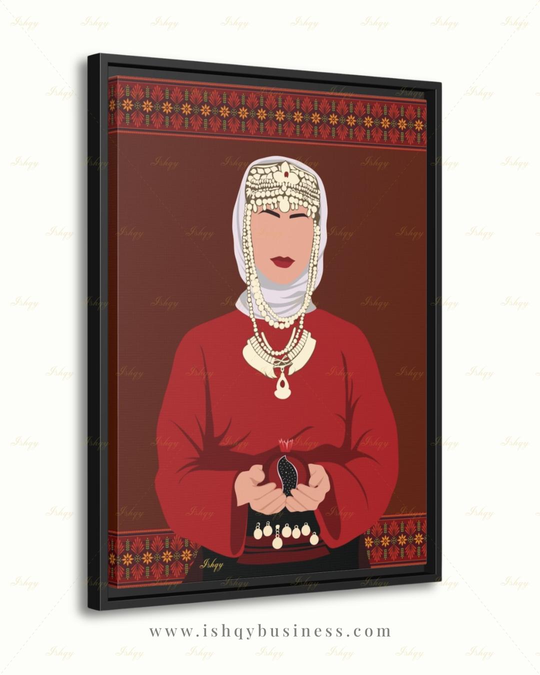 Armenian Woman Wall Art, Traditional Headdress Bridal Canvas Print, Pomegranate Cultural Decor, Pink Modern Folk Framed Canvas Gift