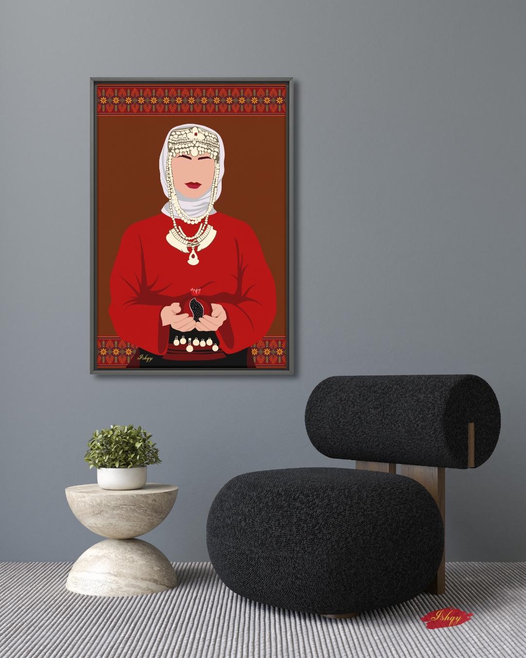 Armenian Woman Wall Art, Traditional Headdress Bridal Canvas Print, Pomegranate Cultural Decor, Pink Modern Folk Framed Canvas Gift