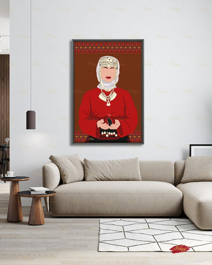 Armenian Woman Wall Art, Traditional Headdress Bridal Canvas Print, Pomegranate Cultural Decor, Pink Modern Folk Framed Canvas Gift