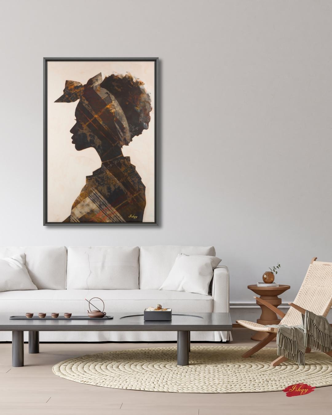 Jamaican Woman Canvas Wall Art, Afro-Caribbean Silhouette, Headwrap Portrait, Black Art Print, Boho Home Decor, Framed Canvas