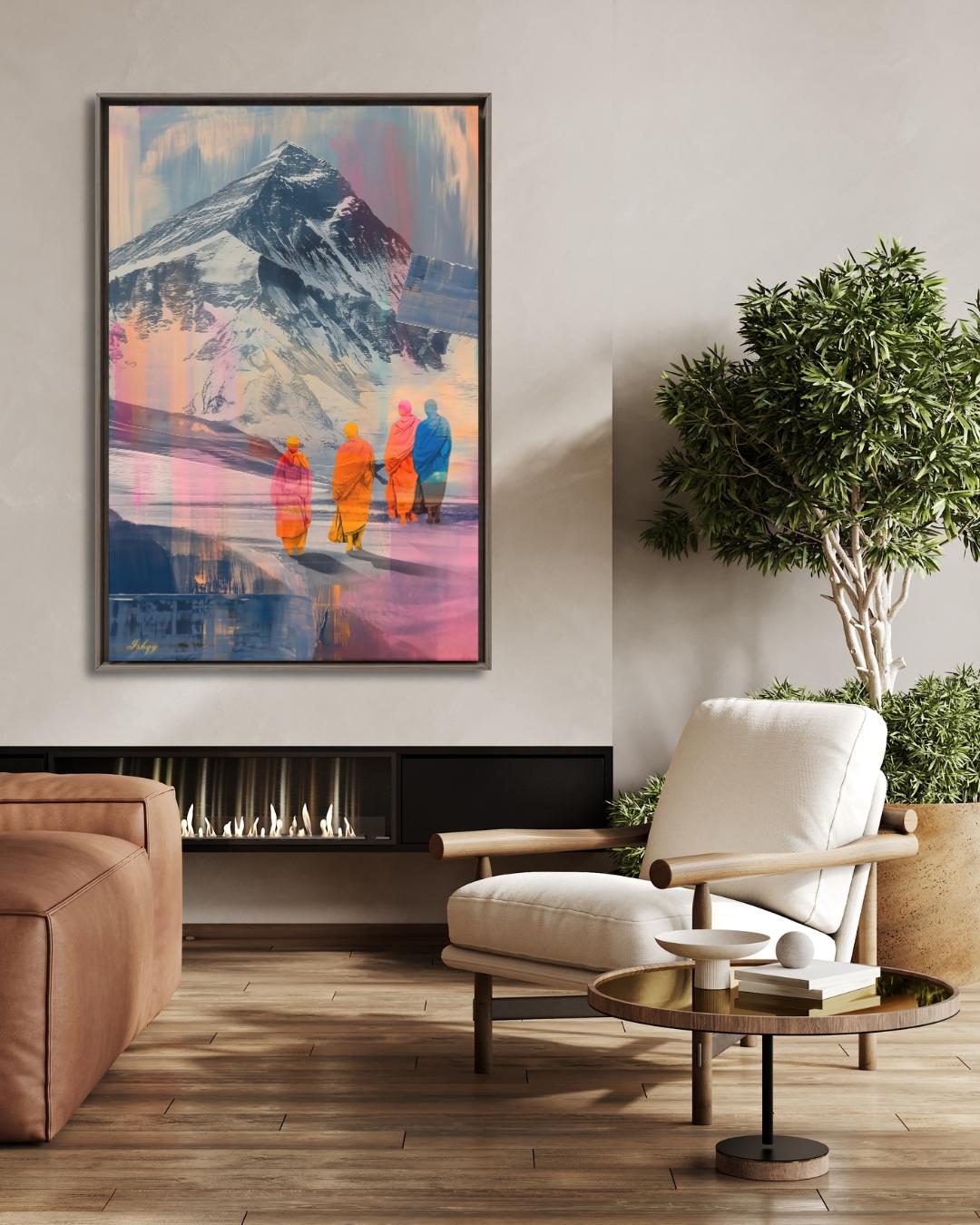 Tibetan Monks Painting Canvas Framed Canvas, Himalaya Mountain Art Print, Buddhist Wall Art For Meditation Room, Living Room Zen Home Decor