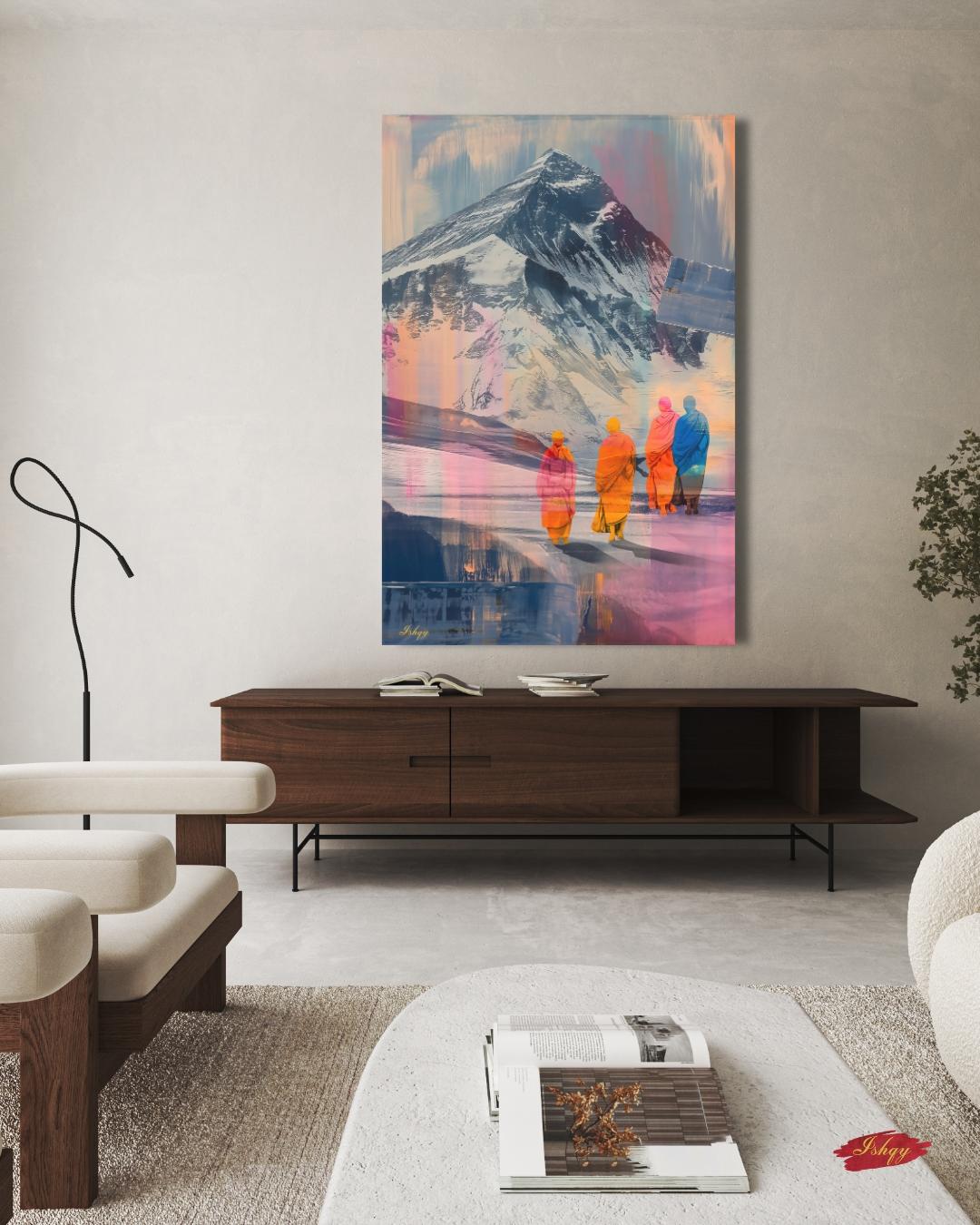 Tibetan Monks Painting Canvas Framed Canvas, Himalaya Mountain Art Print, Buddhist Wall Art For Meditation Room, Living Room Zen Home Decor