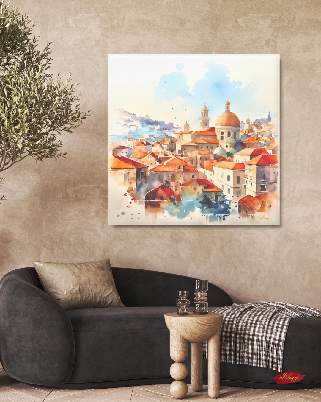 Dubrovnik Wall Art Canvas Print of Croatian Cityscape, Watercolor Painting with Terracotta Roofs, Square Travel Decor for Living Room
