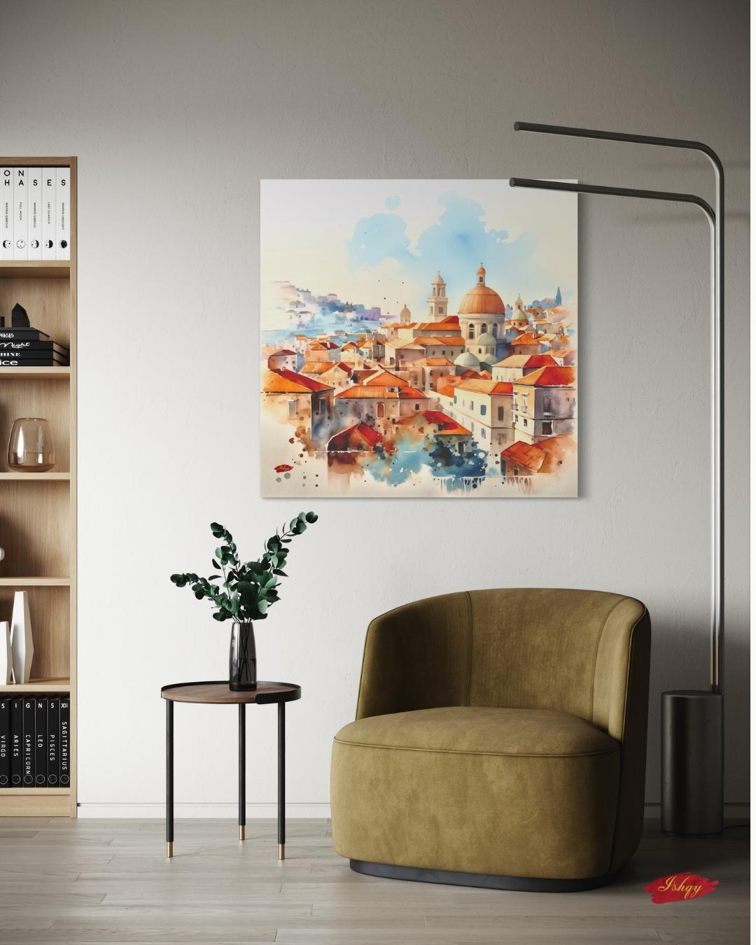 Dubrovnik Wall Art Canvas Print of Croatian Cityscape, Watercolor Painting with Terracotta Roofs, Square Travel Decor for Living Room