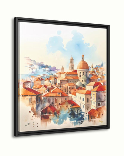Dubrovnik Wall Art Canvas Print of Croatian Cityscape, Watercolor Painting with Terracotta Roofs, Square Travel Decor for Living Room