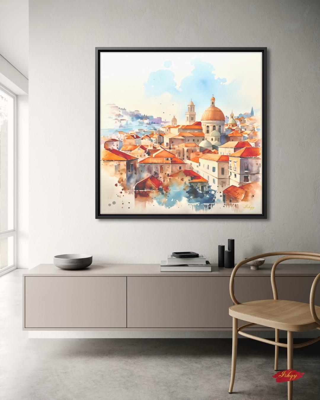 Dubrovnik Wall Art Canvas Print of Croatian Cityscape, Watercolor Painting with Terracotta Roofs, Square Travel Decor for Living Room