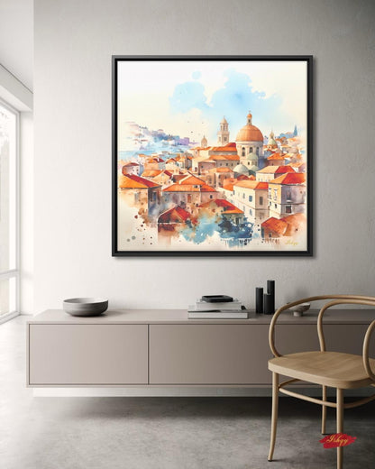 Dubrovnik Wall Art Canvas Print of Croatian Cityscape, Watercolor Painting with Terracotta Roofs, Square Travel Decor for Living Room