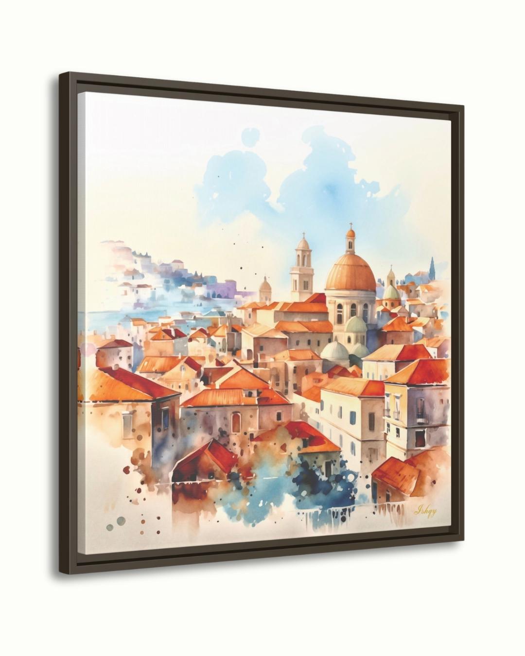 Dubrovnik Wall Art Canvas Print of Croatian Cityscape, Watercolor Painting with Terracotta Roofs, Square Travel Decor for Living Room