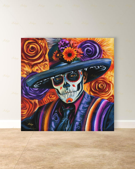 Day of the Dead Wall Art, Sugar Skull Sombrero Canvas Print, Dia de los Muertos Mexican Decor, Colorful Skeleton Framed Canvas Gift