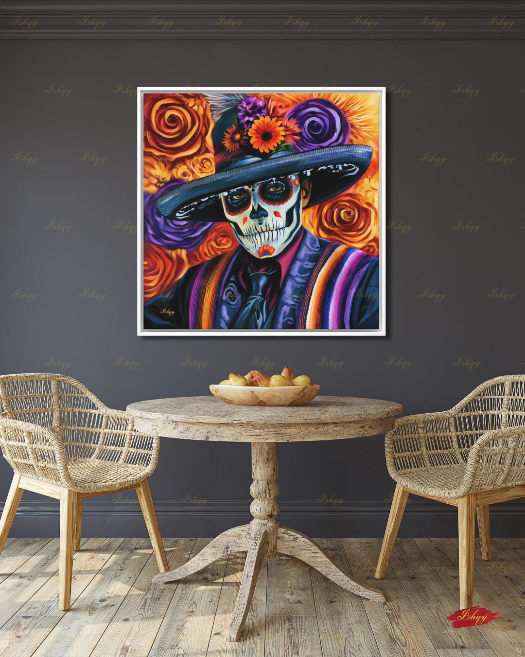 Day of the Dead Wall Art, Sugar Skull Sombrero Canvas Print, Dia de los Muertos Mexican Decor, Colorful Skeleton Framed Canvas Gift