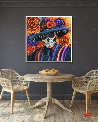 Day of the Dead Wall Art, Sugar Skull Sombrero Canvas Print, Dia de los Muertos Mexican Decor, Colorful Skeleton Framed Canvas Gift