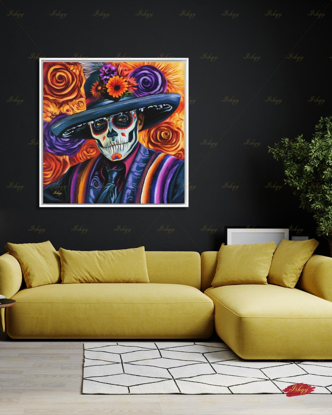 Day of the Dead Wall Art, Sugar Skull Sombrero Canvas Print, Dia de los Muertos Mexican Decor, Colorful Skeleton Framed Canvas Gift