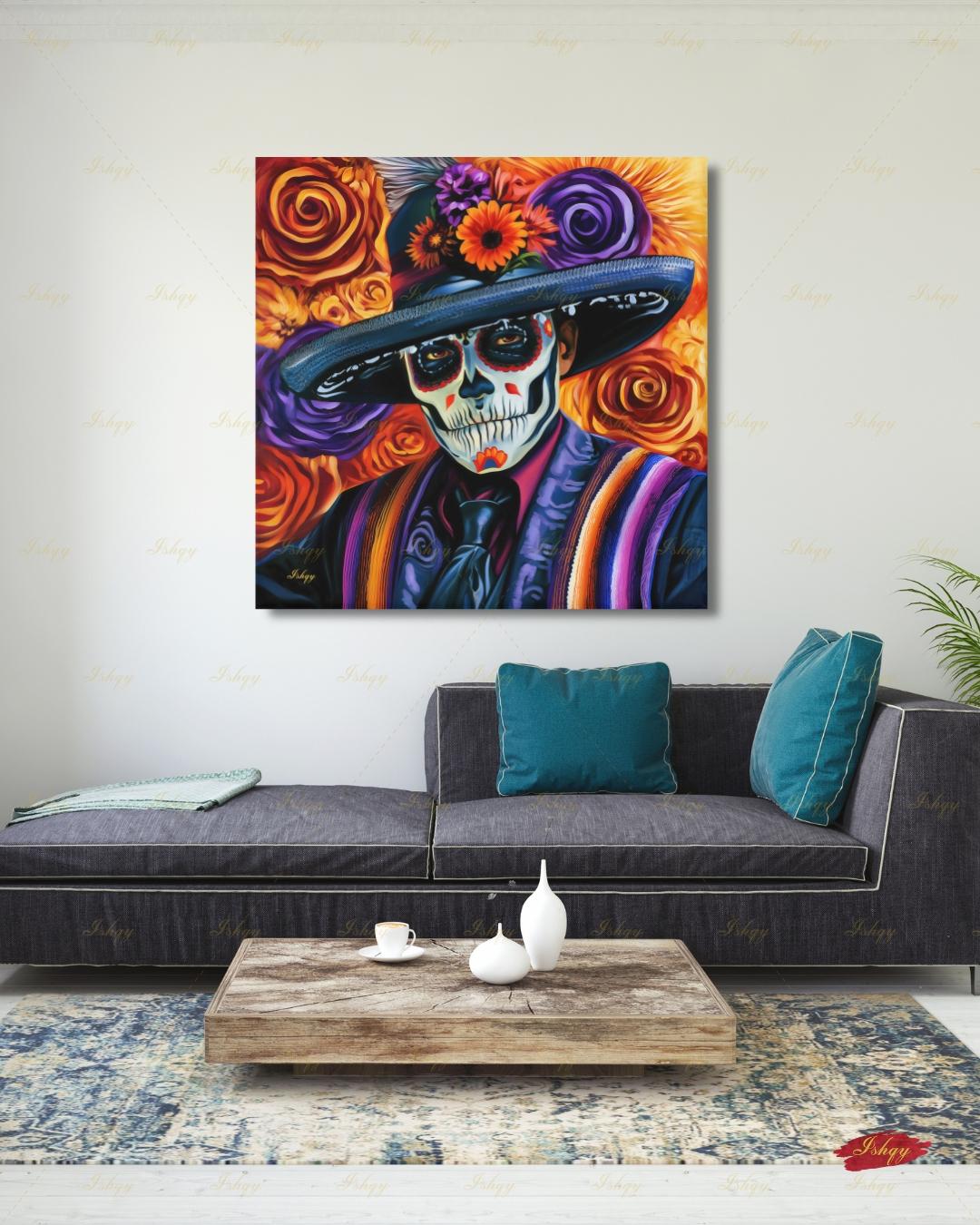 Day of the Dead Wall Art, Sugar Skull Sombrero Canvas Print, Dia de los Muertos Mexican Decor, Colorful Skeleton Framed Canvas Gift