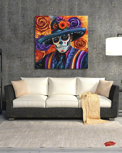 Day of the Dead Wall Art, Sugar Skull Sombrero Canvas Print, Dia de los Muertos Mexican Decor, Colorful Skeleton Framed Canvas Gift