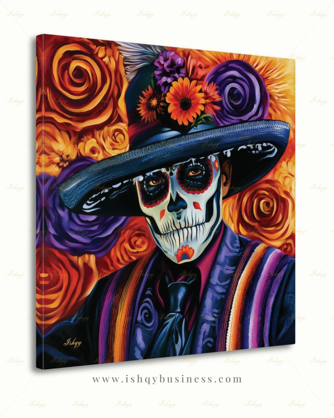 Day of the Dead Wall Art, Sugar Skull Sombrero Canvas Print, Dia de los Muertos Mexican Decor, Colorful Skeleton Framed Canvas Gift