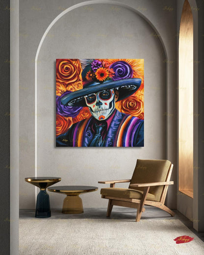 Day of the Dead Wall Art, Sugar Skull Sombrero Canvas Print, Dia de los Muertos Mexican Decor, Colorful Skeleton Framed Canvas Gift