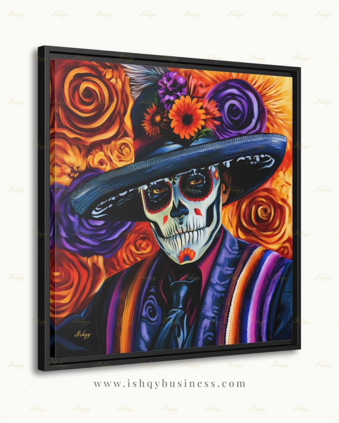 Day of the Dead Wall Art, Sugar Skull Sombrero Canvas Print, Dia de los Muertos Mexican Decor, Colorful Skeleton Framed Canvas Gift