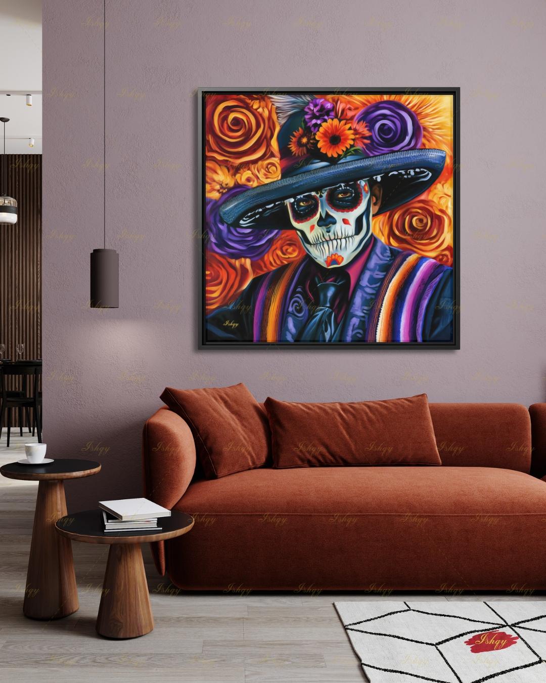 Day of the Dead Wall Art, Sugar Skull Sombrero Canvas Print, Dia de los Muertos Mexican Decor, Colorful Skeleton Framed Canvas Gift