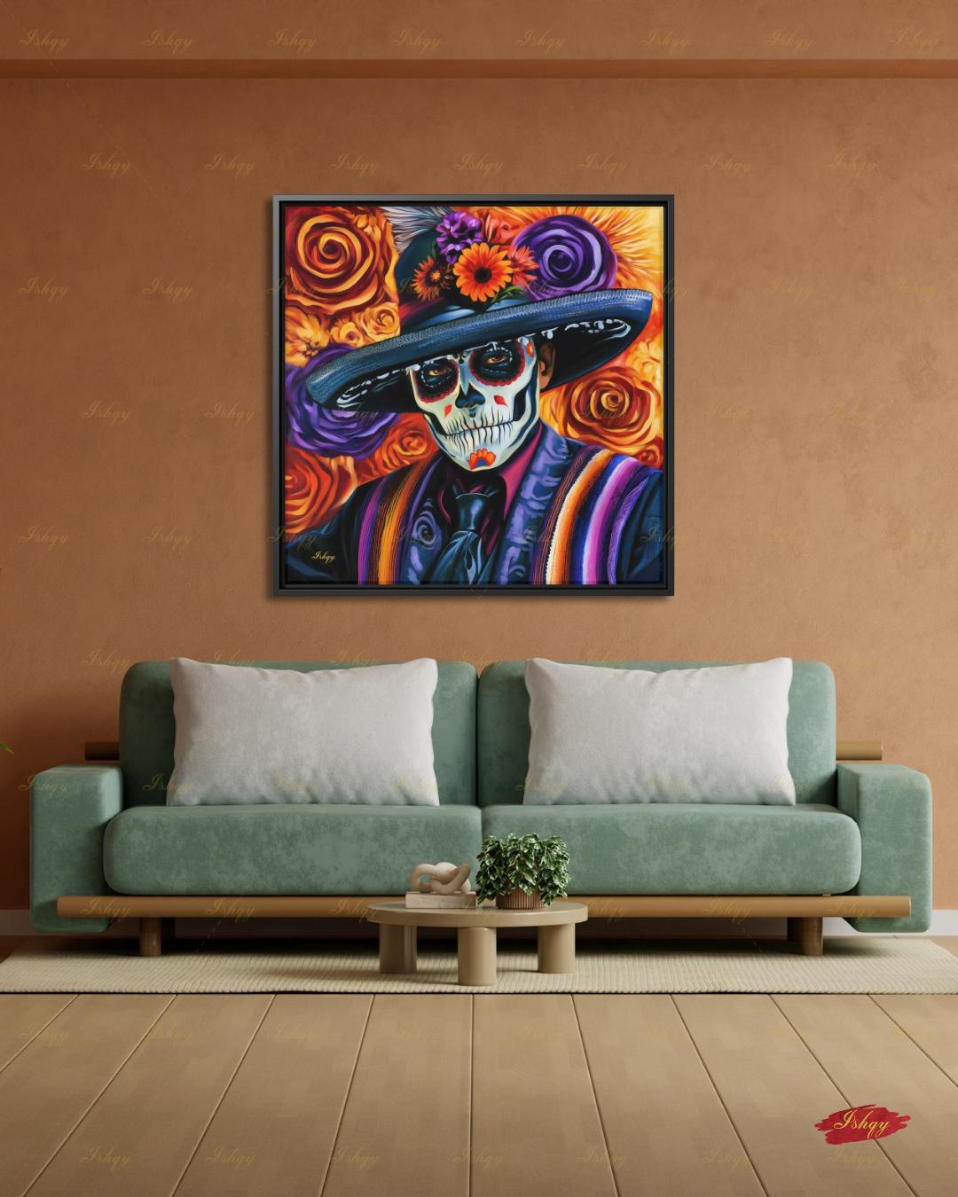 Day of the Dead Wall Art, Sugar Skull Sombrero Canvas Print, Dia de los Muertos Mexican Decor, Colorful Skeleton Framed Canvas Gift