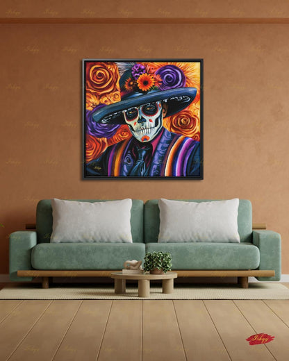 Day of the Dead Wall Art, Sugar Skull Sombrero Canvas Print, Dia de los Muertos Mexican Decor, Colorful Skeleton Framed Canvas Gift