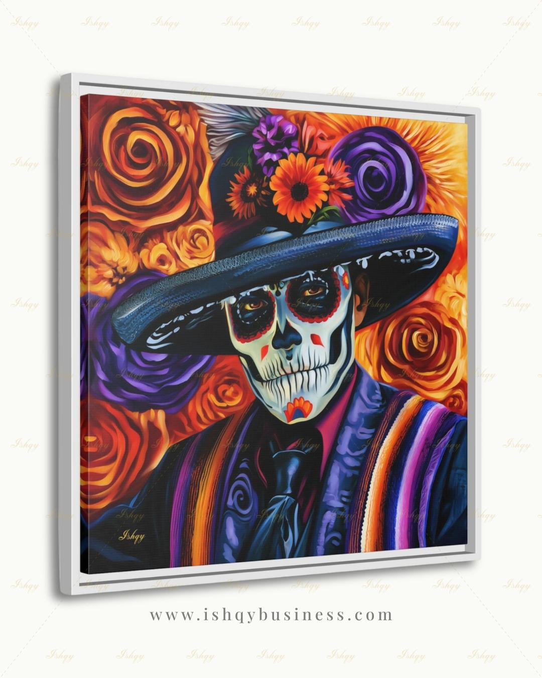 Day of the Dead Wall Art, Sugar Skull Sombrero Canvas Print, Dia de los Muertos Mexican Decor, Colorful Skeleton Framed Canvas Gift